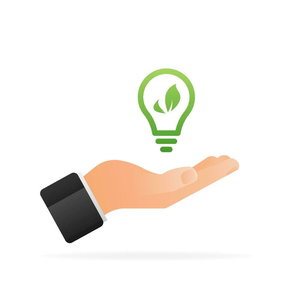 Line art icon with green ecology lamp in hand on light background. Innovation technology vector