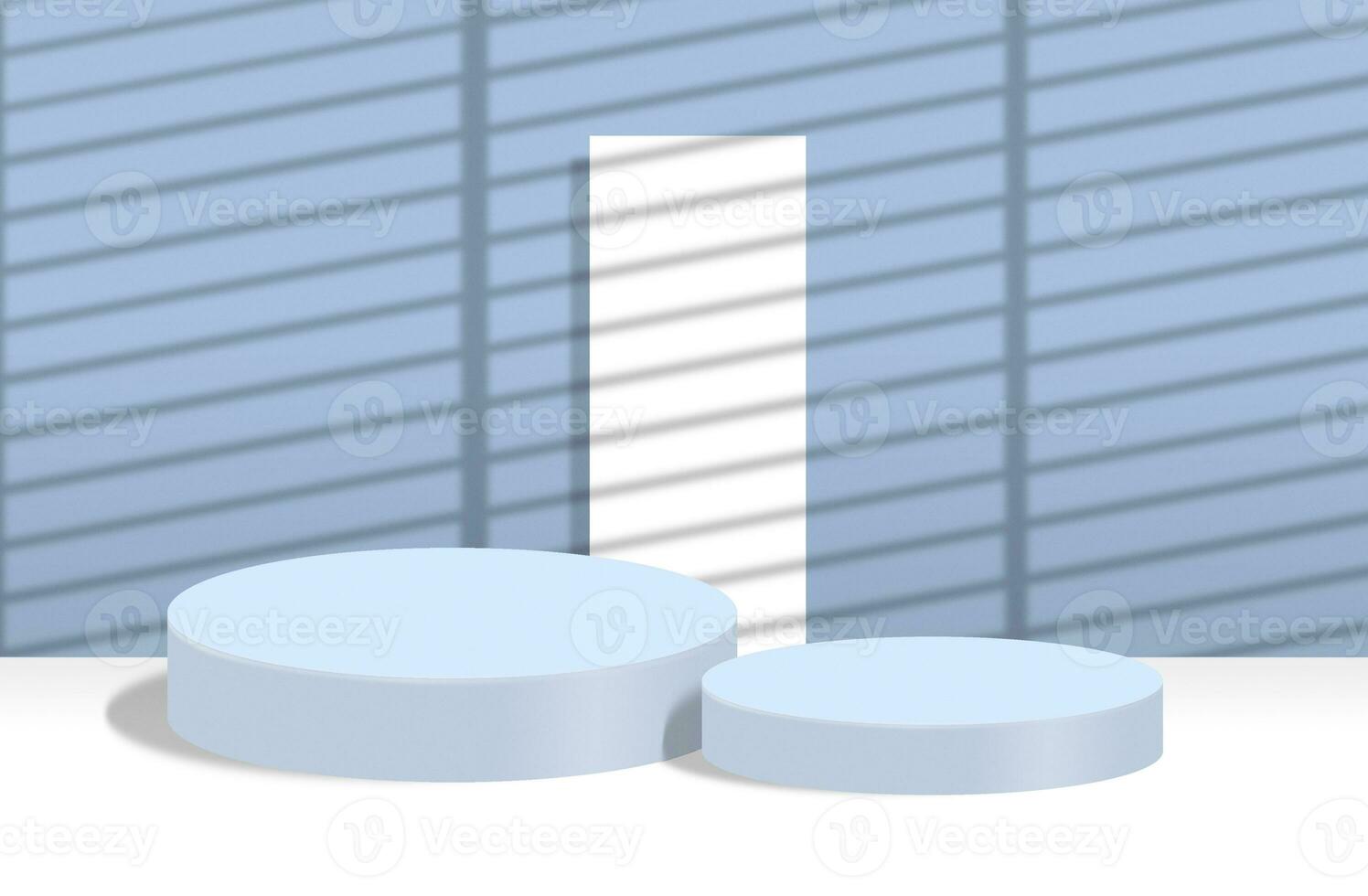 Two empty round pedestals on abstract white and blue background with blinds shadows photo
