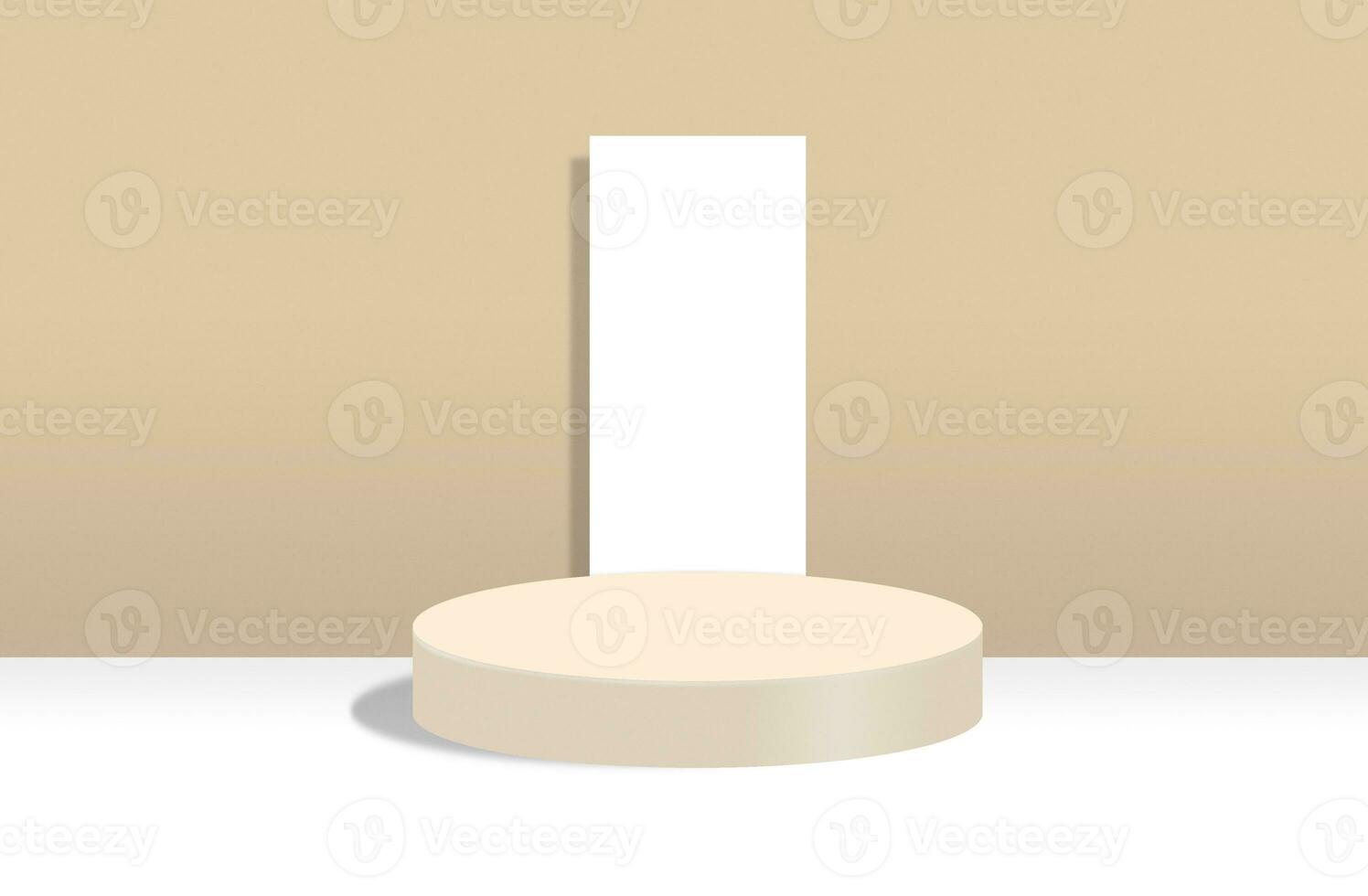 Empty cylindrical podium on beige pastel background for product display photo