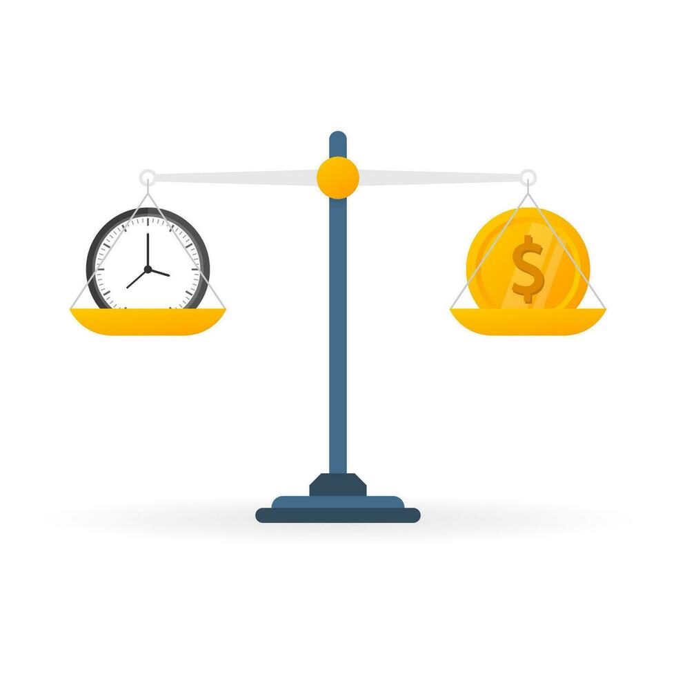 Time is money on scales icon. Money and time balance on scale. vector