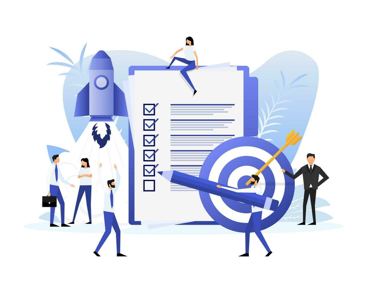 Poster with rocket people. Startup company launch concept, flat tiny person vector illustration
