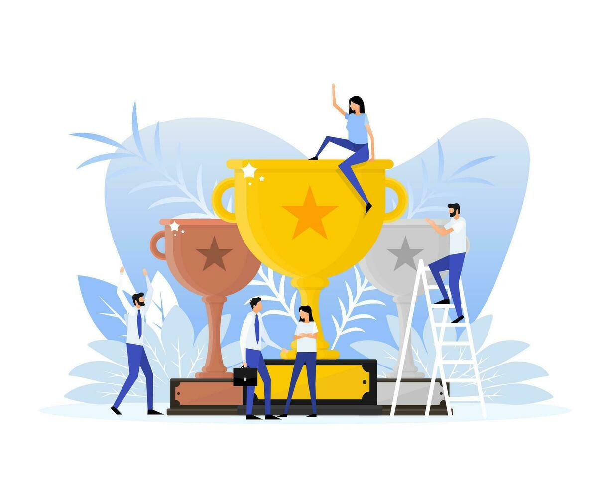 Success award people in flat style on gold background. Champion trophy, gold cup. Flat illustration. vector