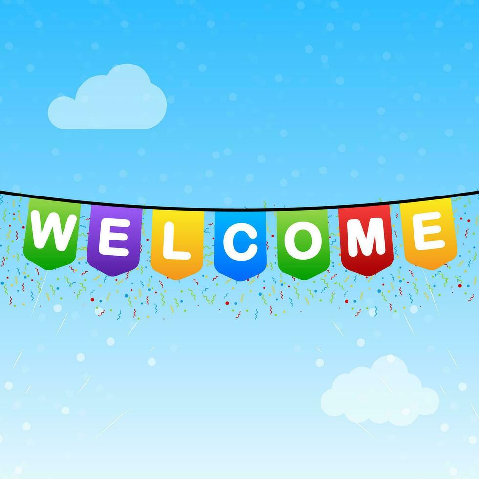 Multicolored bright buntings flags garlands and text - Welcome. vector