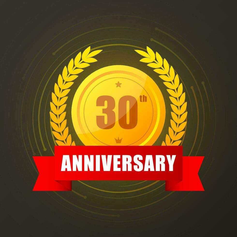 30 years anniversary gold button, label, logo on black backgrouund. Vector illustration.
