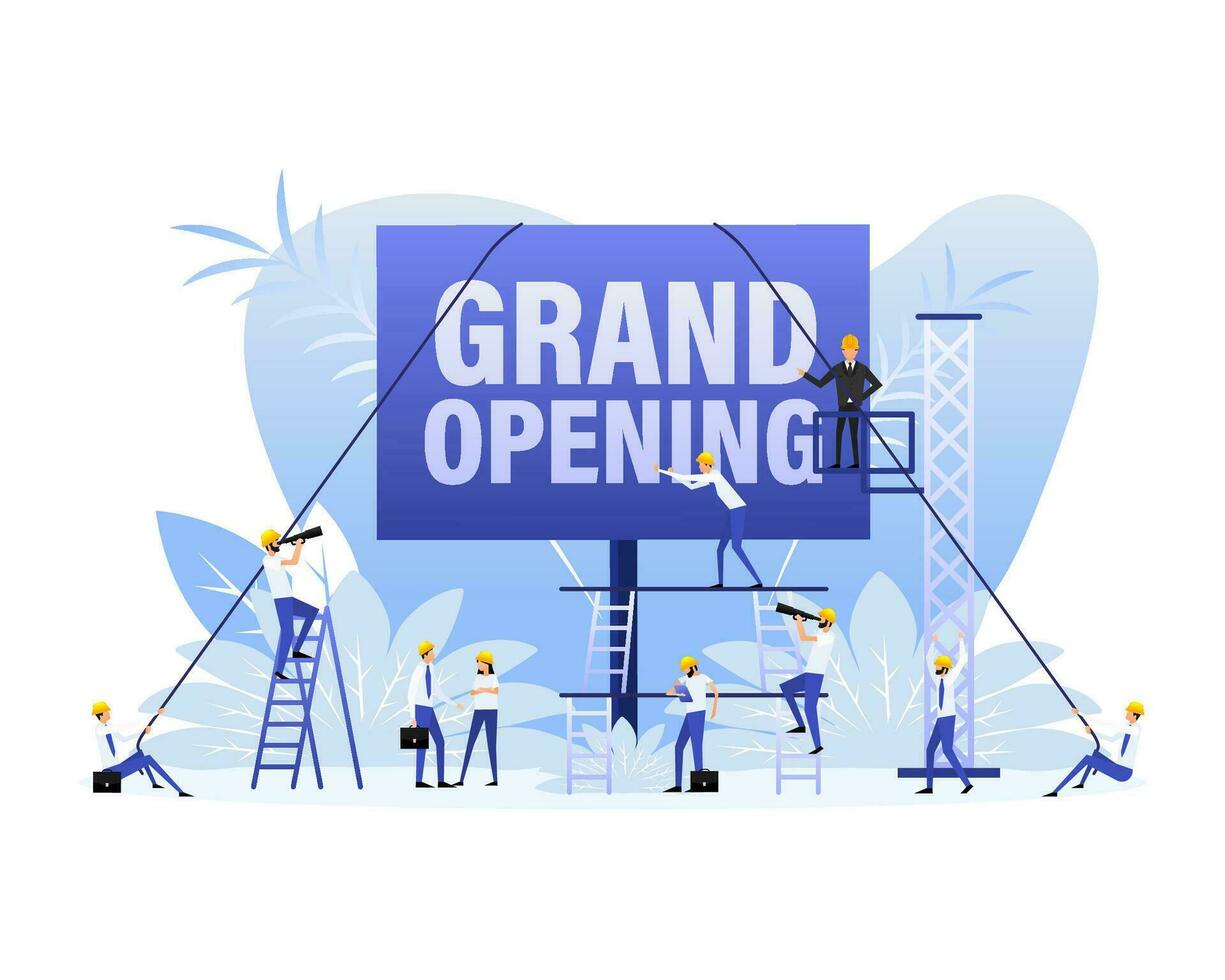 Grand opening placard in flat style with people on white background. Vector illustration