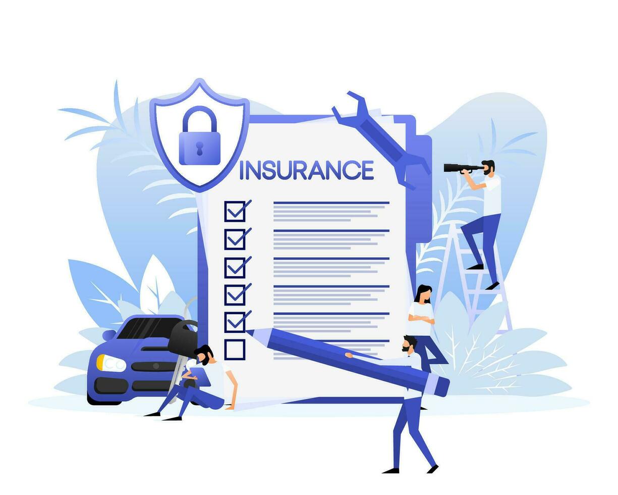 People in flat style. Car insurance icon on blue background. Flat isometric vector illustration