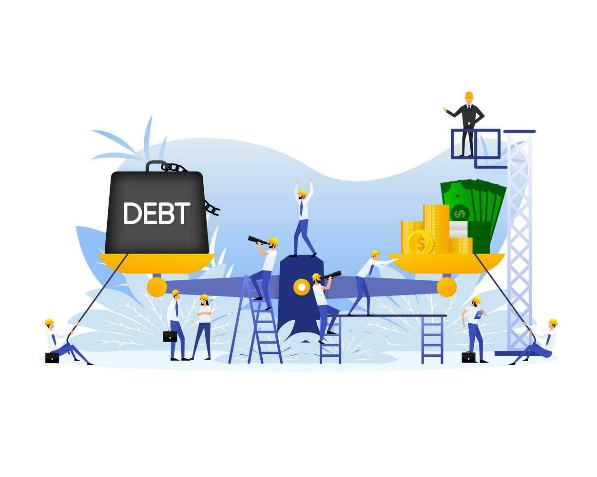 Man holds scales with coins and debts. Abstract icon. Finance isometric vector