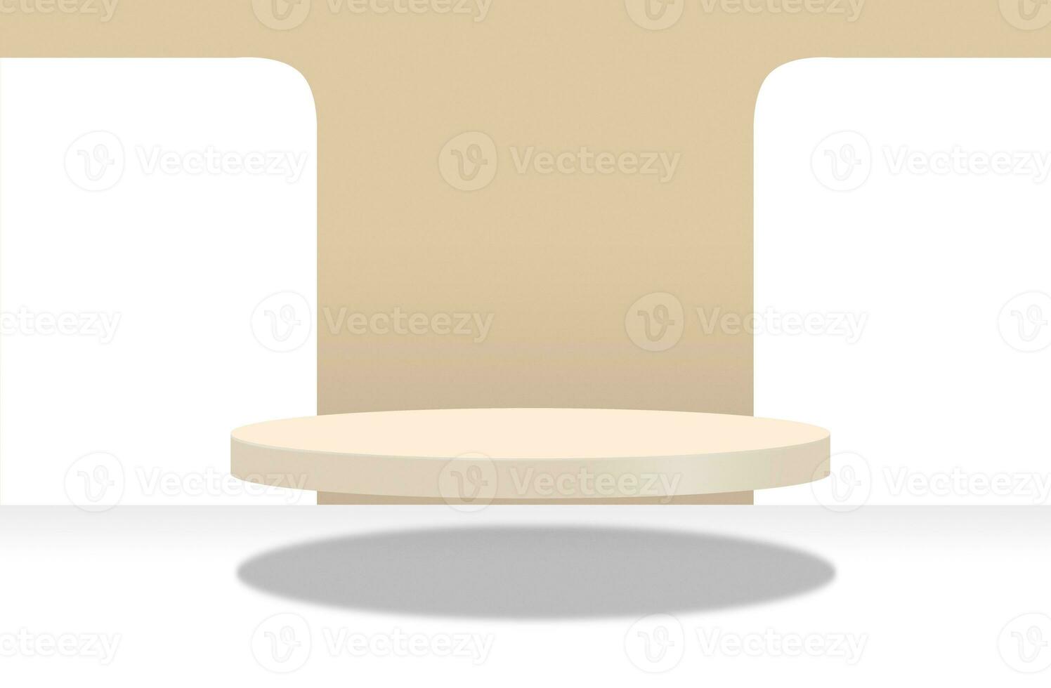 Empty round levitating podium for product presentation on white and beige background photo