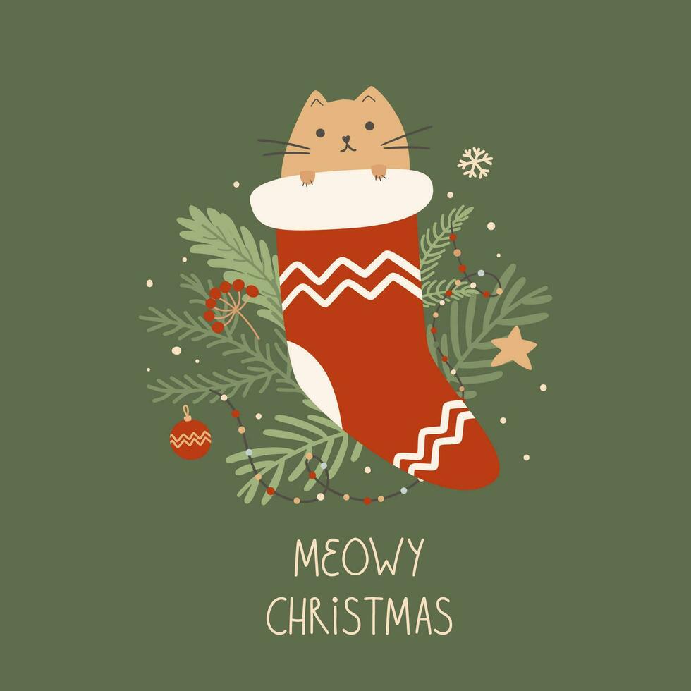 Christmas cat in red sock funny element for new year. Cute winter holiday pet illustration. Funny kitty illustration for card, banners, postcard. Decorative fir tree branches, toys, star, snowflake. vector
