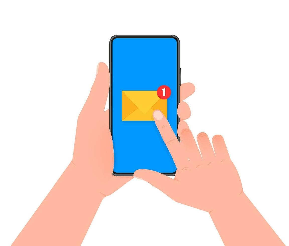 New message on the smartphone screen. Email notification. Hand pressing the screen. Vector stock illustration.