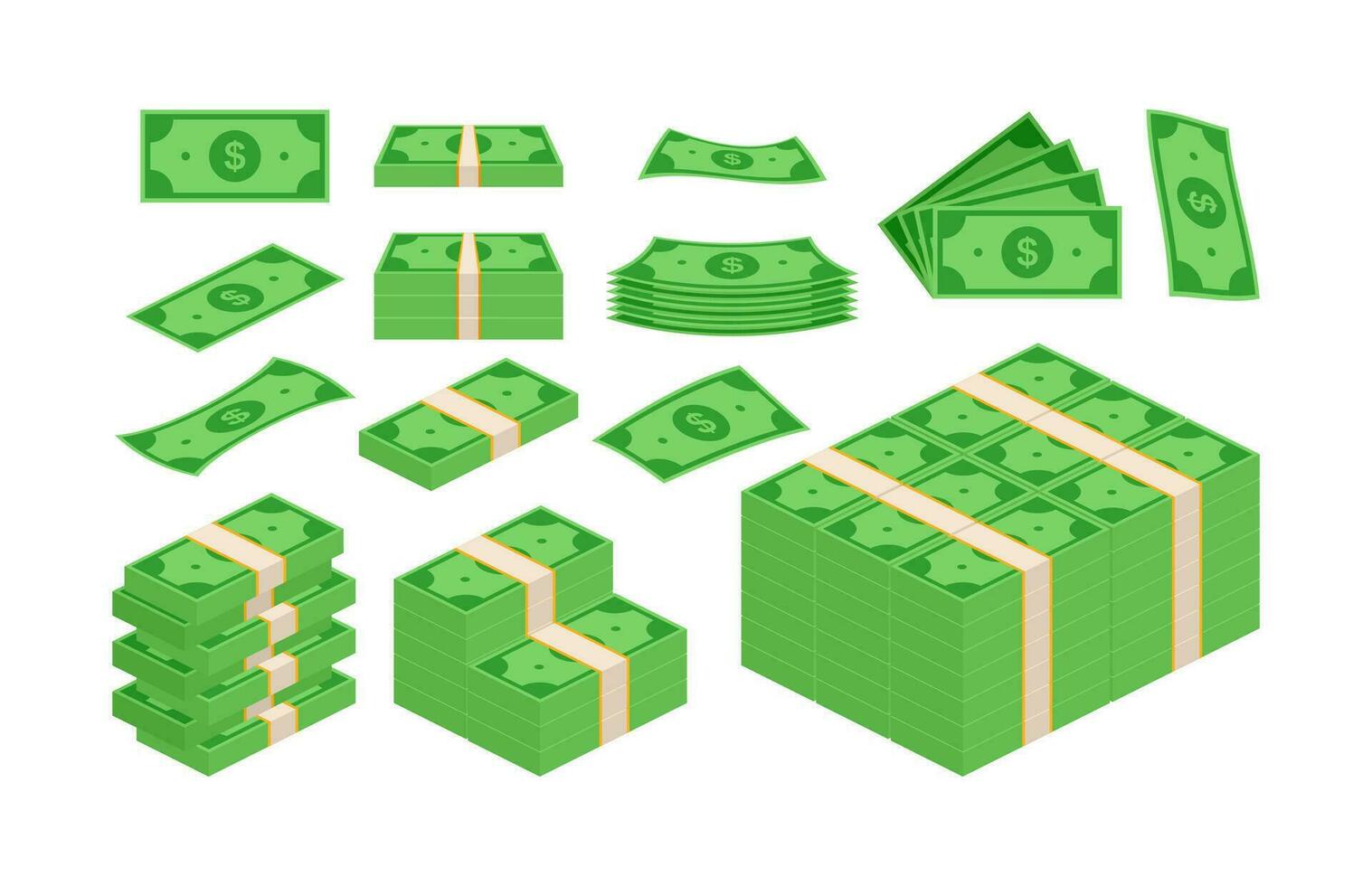 Huge packs of paper money. Dollar bills. Twisted paper bills and stack of currency banknotes vector