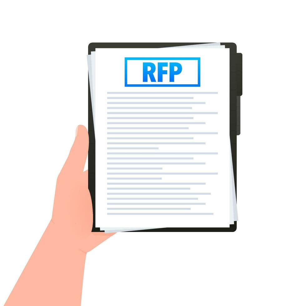 rfp - solicitud para propuesta documento, contrato en el mano vector