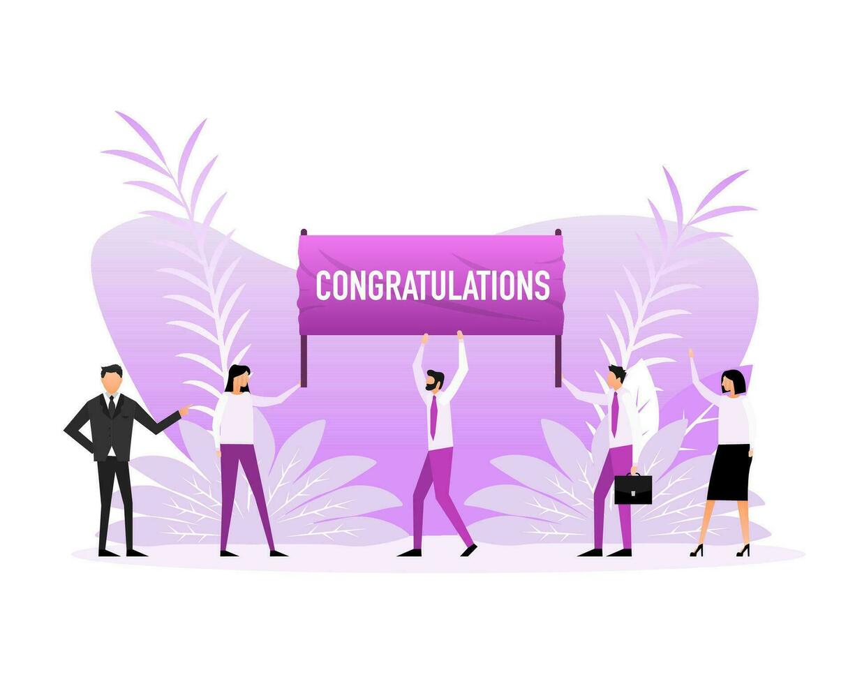 People holding a poster with text Congratulations. Vector illustration.
