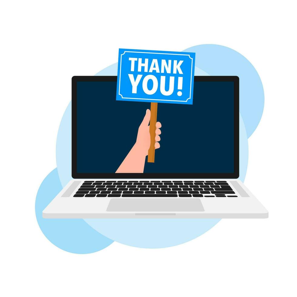 Thank you banner on laptop screen, Label, Template. Vector Illustration.