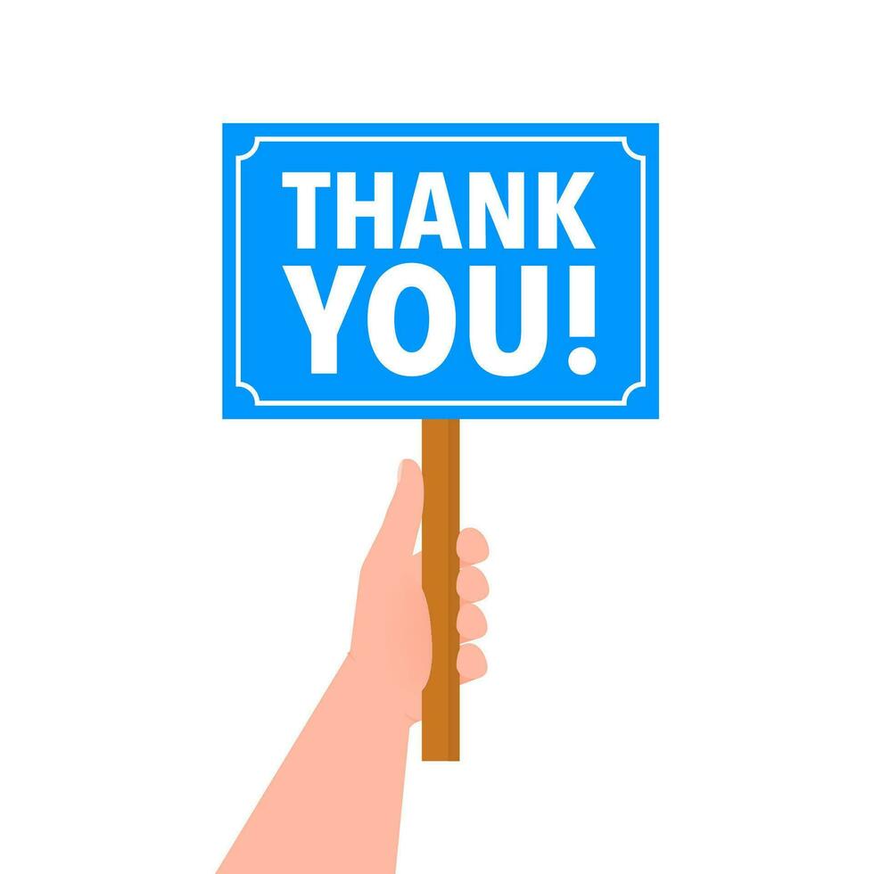 Thank you placard and hand, banner on computer screen, Label, Template. Vector Illustration.