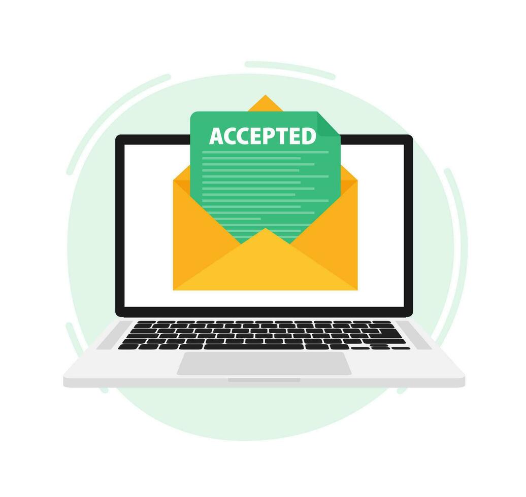 Letter with text accepted on laptop screen. Email with accepted header. Confirmation email message. vector