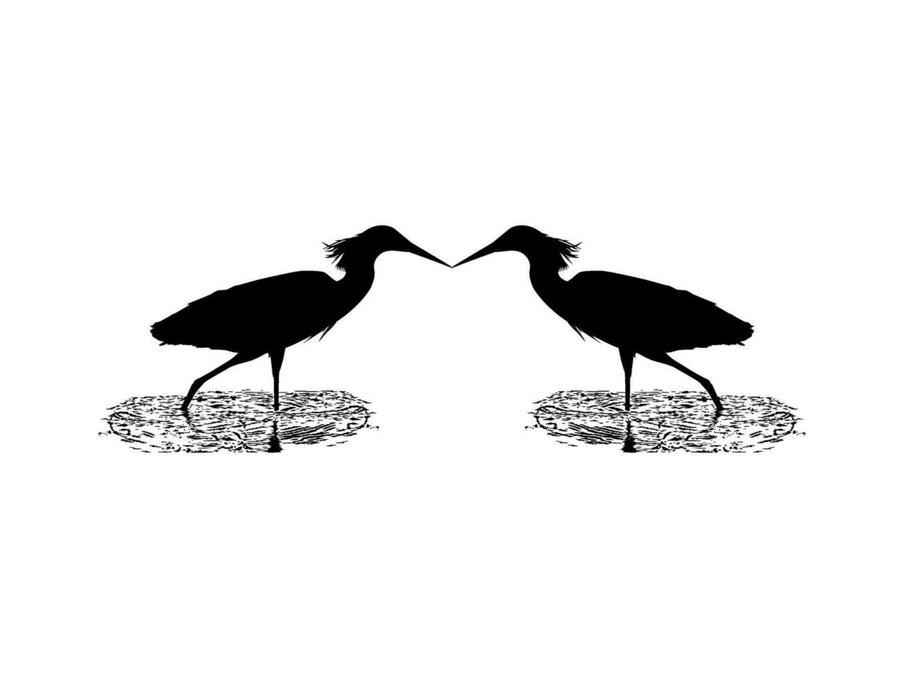Pair of The Black Heron Bird, Egretta Ardesiaca, also known as the Black Egret Silhouette for Art Illustration, Logo, Pictogram, Website, or Graphic Design Element. Vector Illustration
