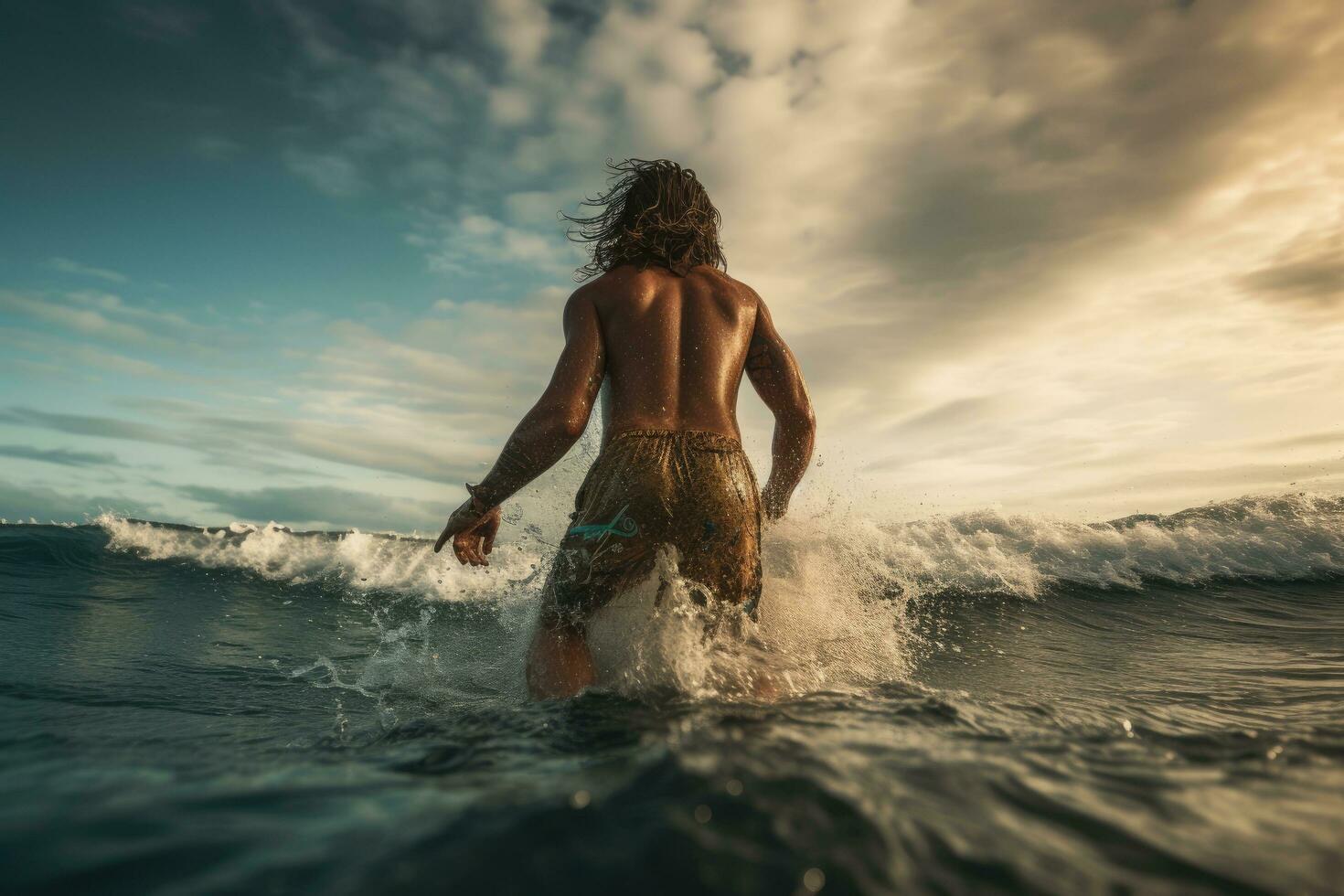 sexy joven hombre en un traje de baño salpicaduras en el mar a atardecer, posterior ver de hombre tablista corriendo en el Oceano con un tabla de surf, ai generado foto