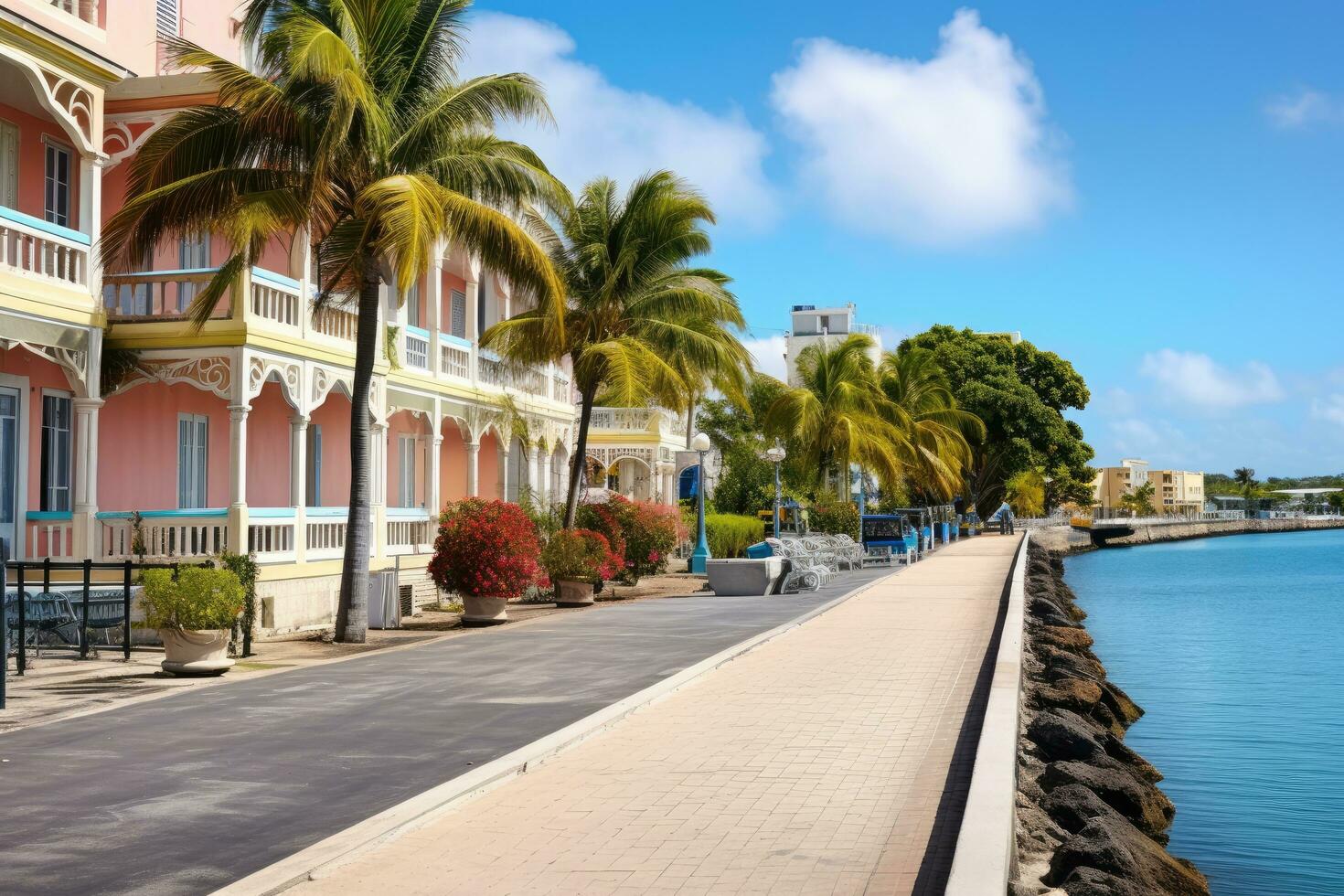 View of the waterfront in Key West, Promenade at marina of Bridgetown, Barbados, AI Generated photo