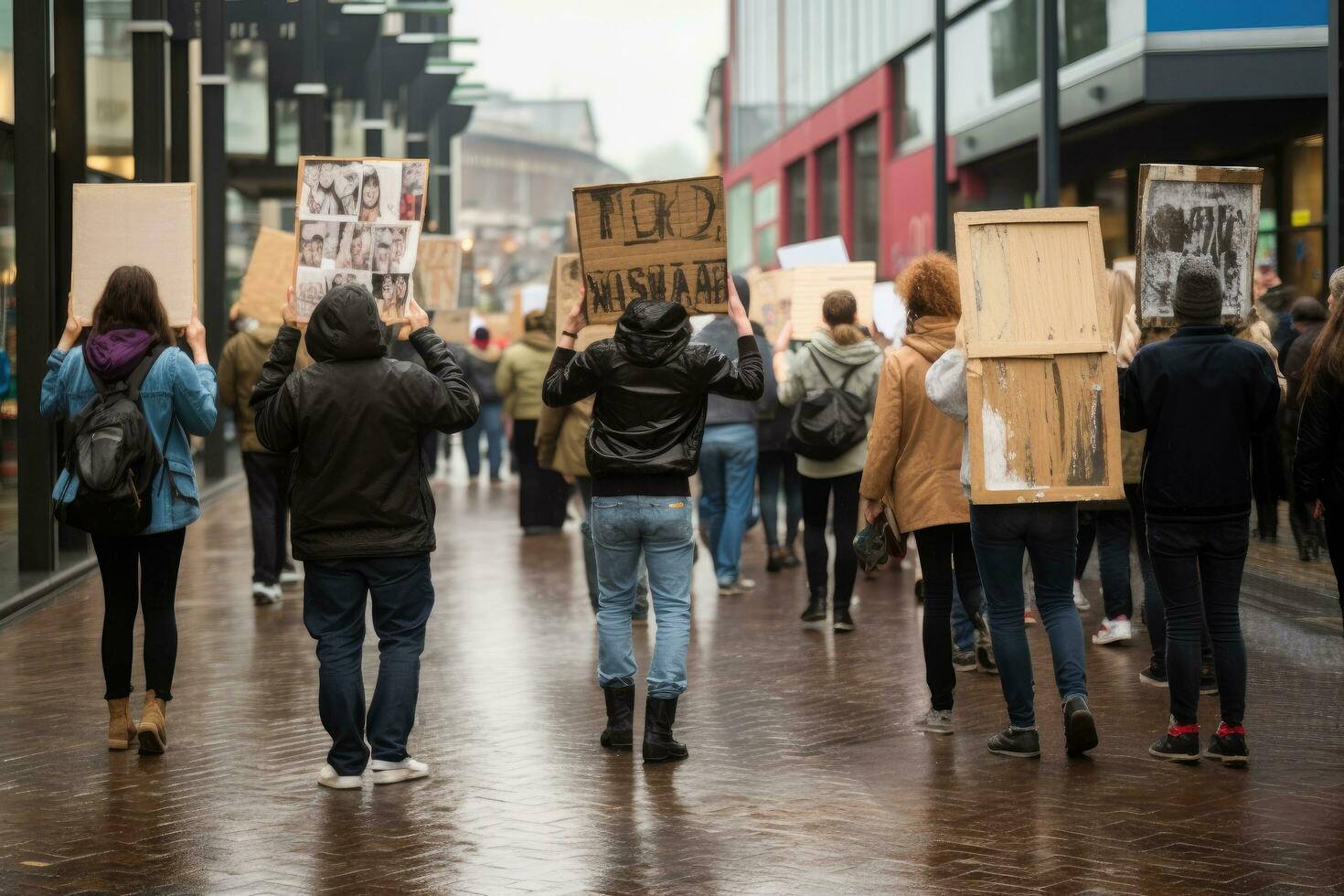 Striking school aged children in central London, Rear view of people with placards and posters, AI Generated photo