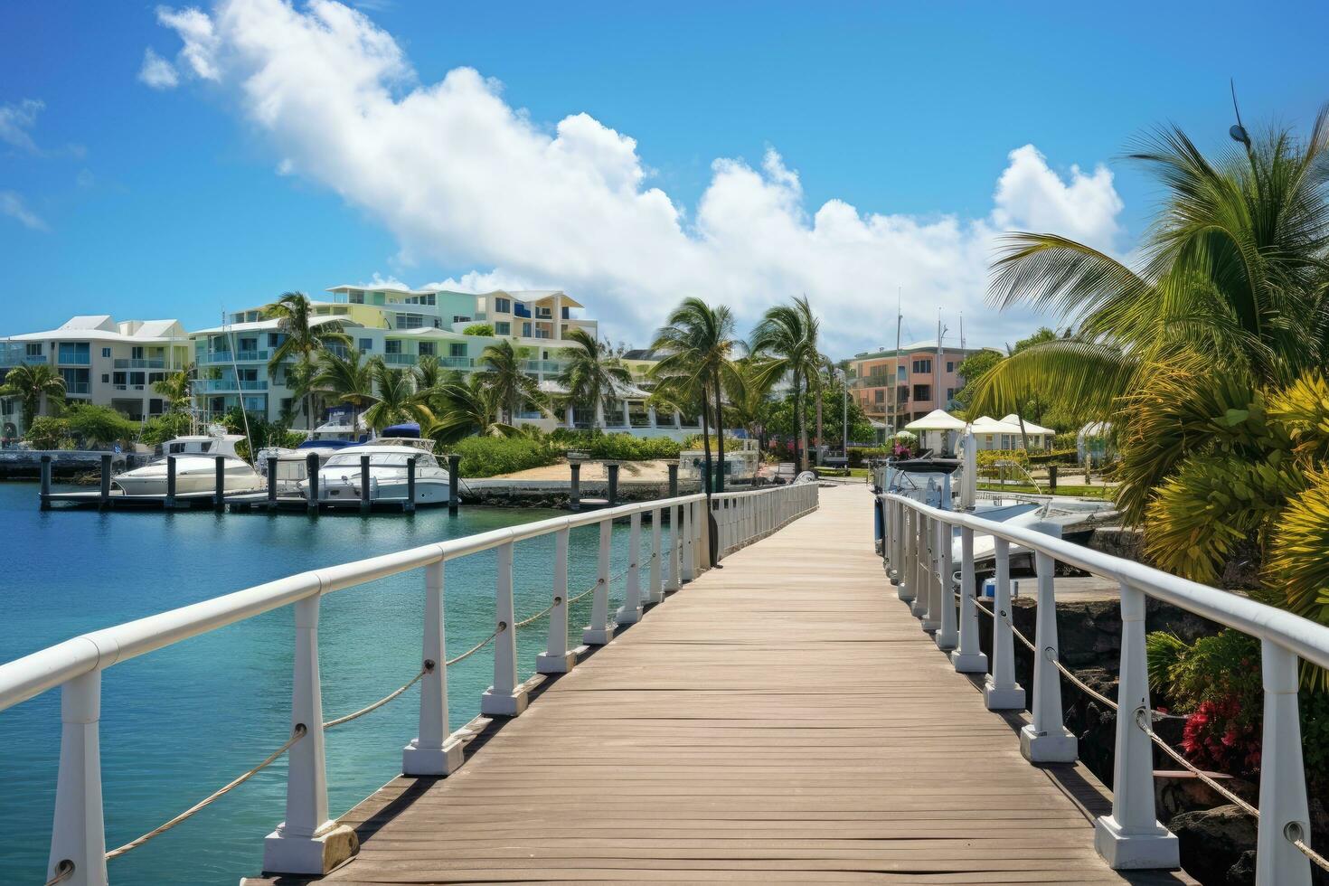 Wooden walkway to the marina with palm trees and boats, Promenade at marina of Bridgetown, Barbados, AI Generated photo