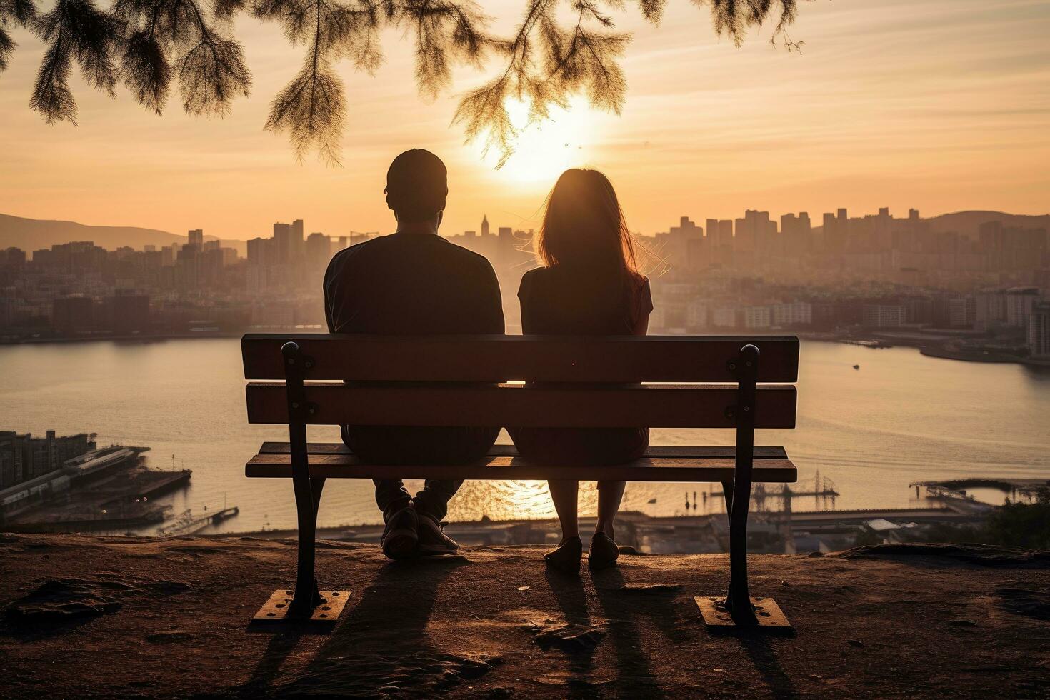 Silhouette of couple sitting on bench and looking at the sunset, rear view of a Young couple in love sitting on a bench against sunrise with a city view, AI Generated photo