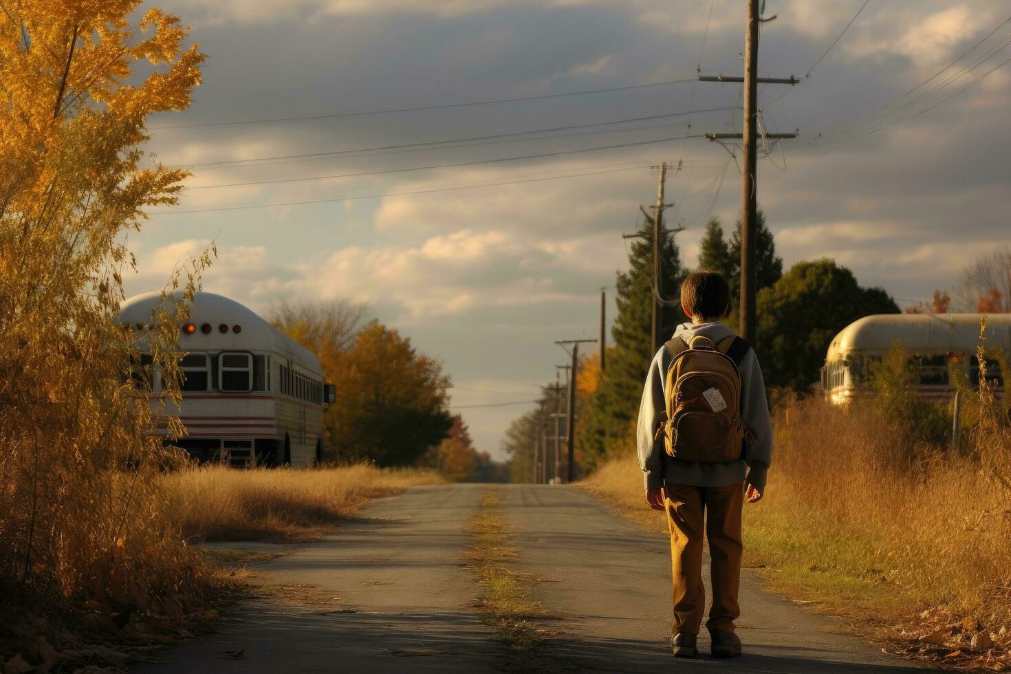 un chico con un mochila soportes en el la carretera y mira a el tren, posterior ver de el chico obtiene apagado el colegio autobús y va hogar, ai generado foto