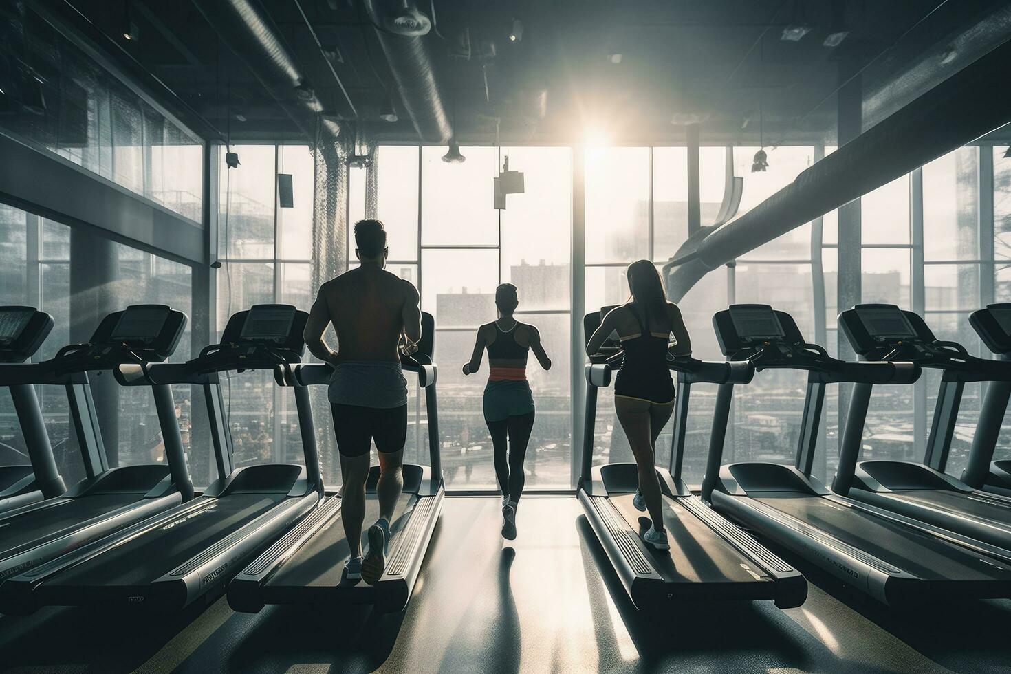 posterior ver de dos mujer corriendo en cintas de correr en gimnasia, posterior ver de personas corriendo en máquina rueda de andar a un aptitud gimnasio club, ai generado foto