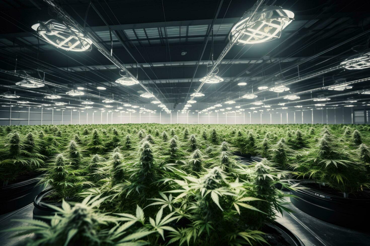Cannabis cultivation in the field. Cultivation of medical marijuana. Indoor cultivation, Professional long and wide indoor hemp plantation in a modern industrial large hall, AI Generated photo
