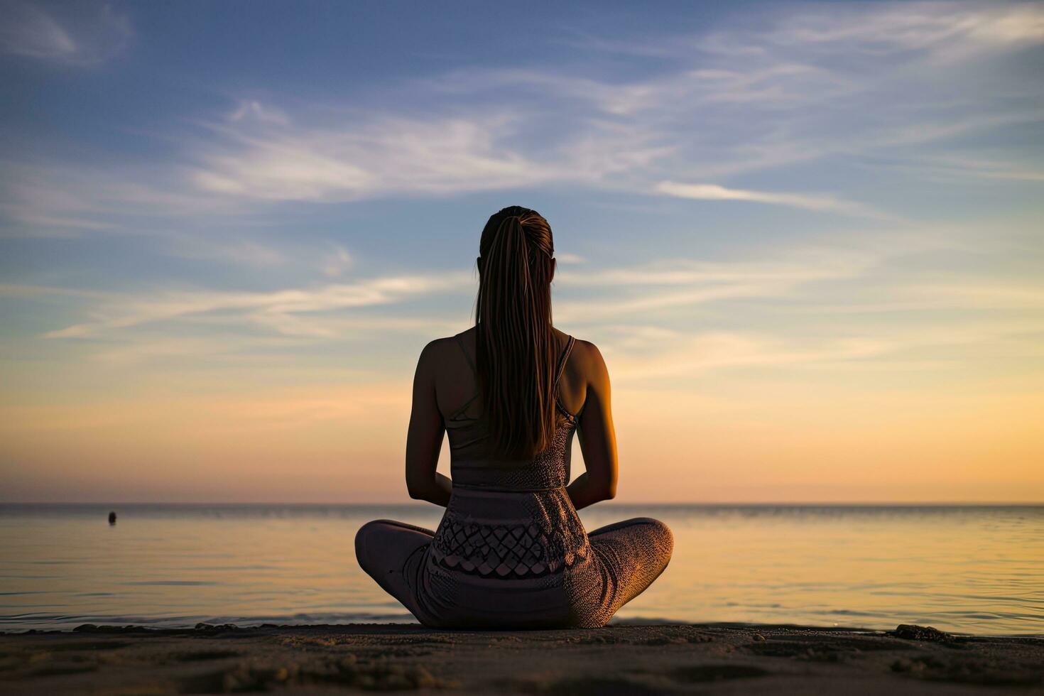Silhouette of young woman practicing yoga at sunrise on the beach, rear view of a women yoga exercise and pose for a healthy life, AI Generated photo