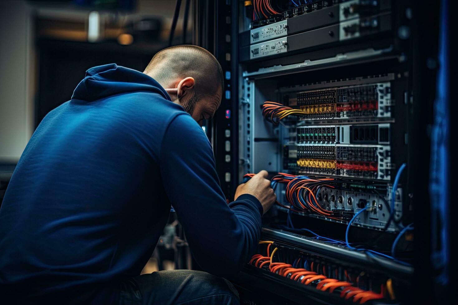 Technician repairing server in datacenter server room. Network infrastructure, rear view of An IT Engineer close-up shot of fixing a server problem, AI Generated photo