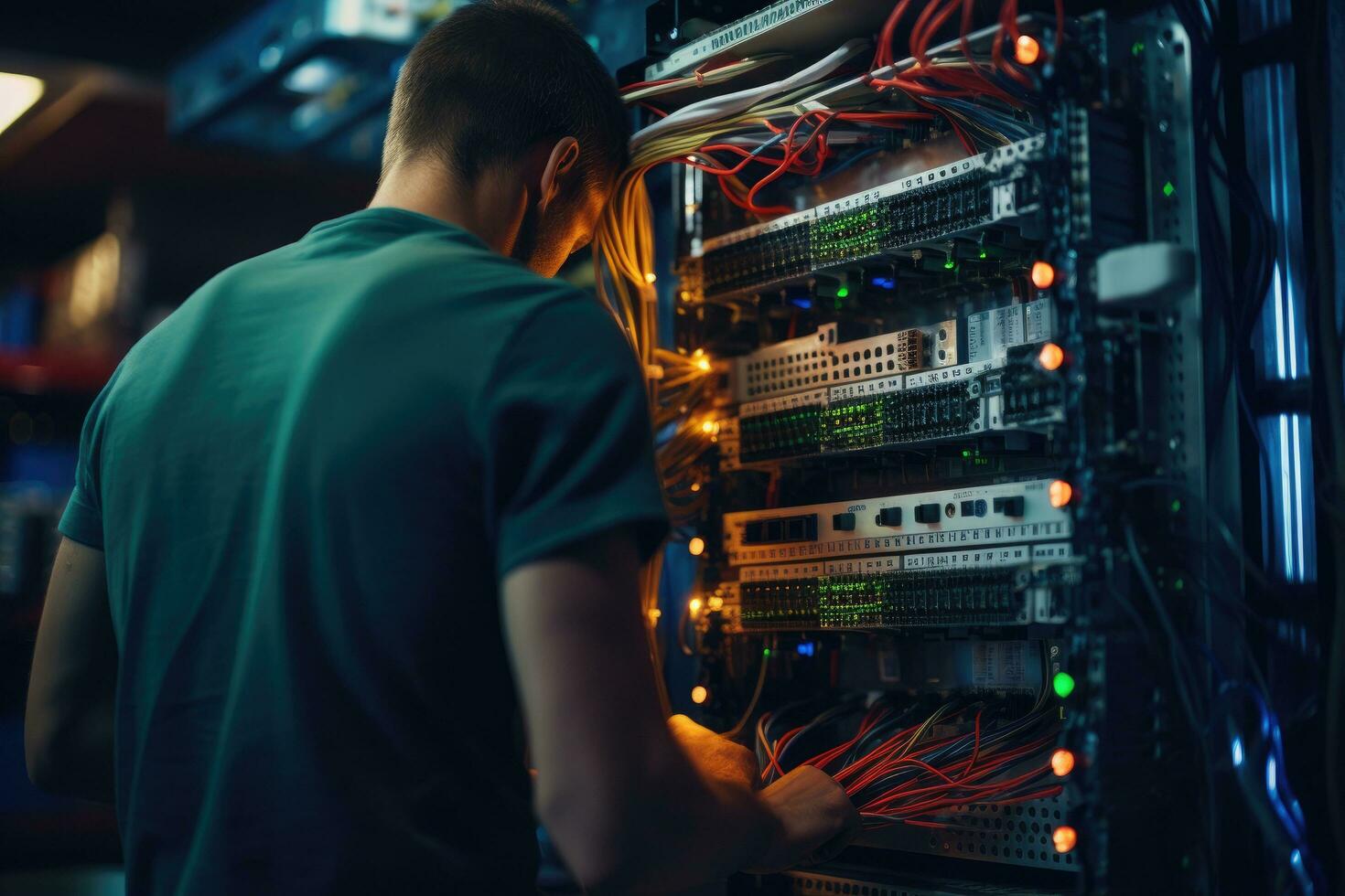 Young technician working on server in datacenter. Selective focus, rear view of An IT Engineer close-up shot of fixing a server problem, AI Generated photo