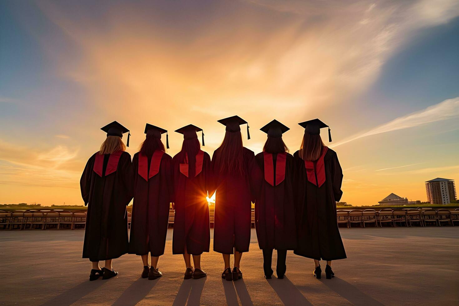 Silhouette of group of graduates in graduation gown with sunset sky background, rear perspective of a group of university graduates, their silhouettes distinct against the backdrop, AI Generated photo