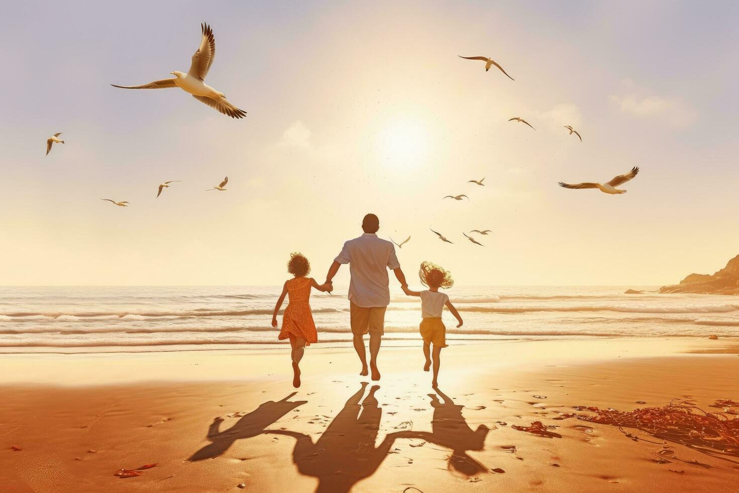 Family Beach Holiday Vacation Traveling Togetherness Concept. Father and children, rear view Happy young family running and jumping on summer beach, AI Generated photo