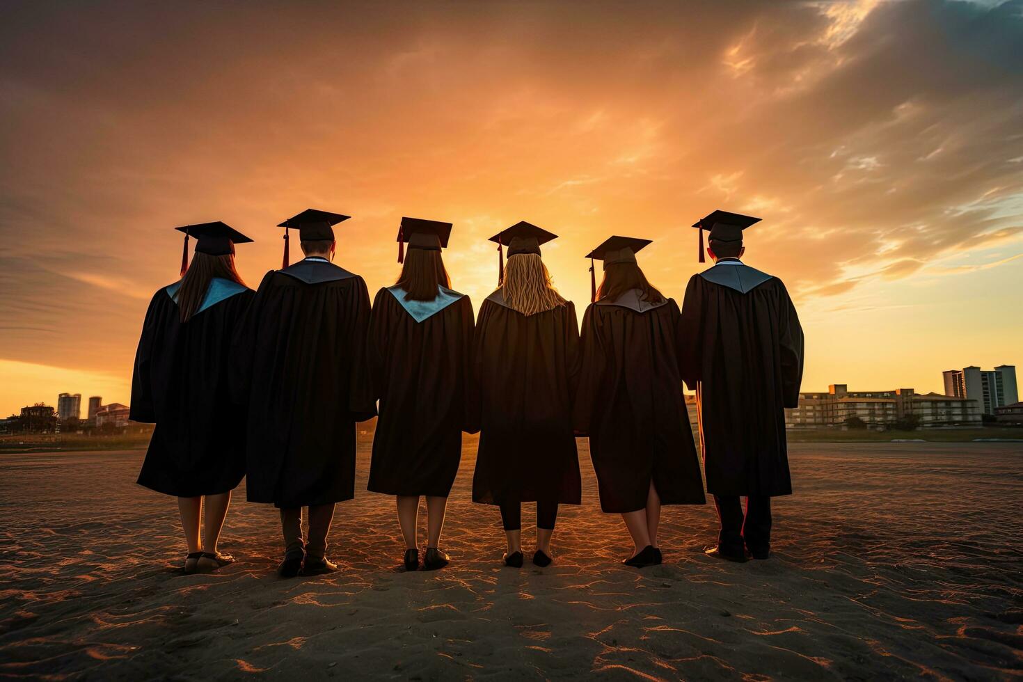 Silhouettes of graduates on the background of the sunset. Graduation concept, rear perspective of a group of university graduates, their silhouettes distinct against the, AI Generated photo