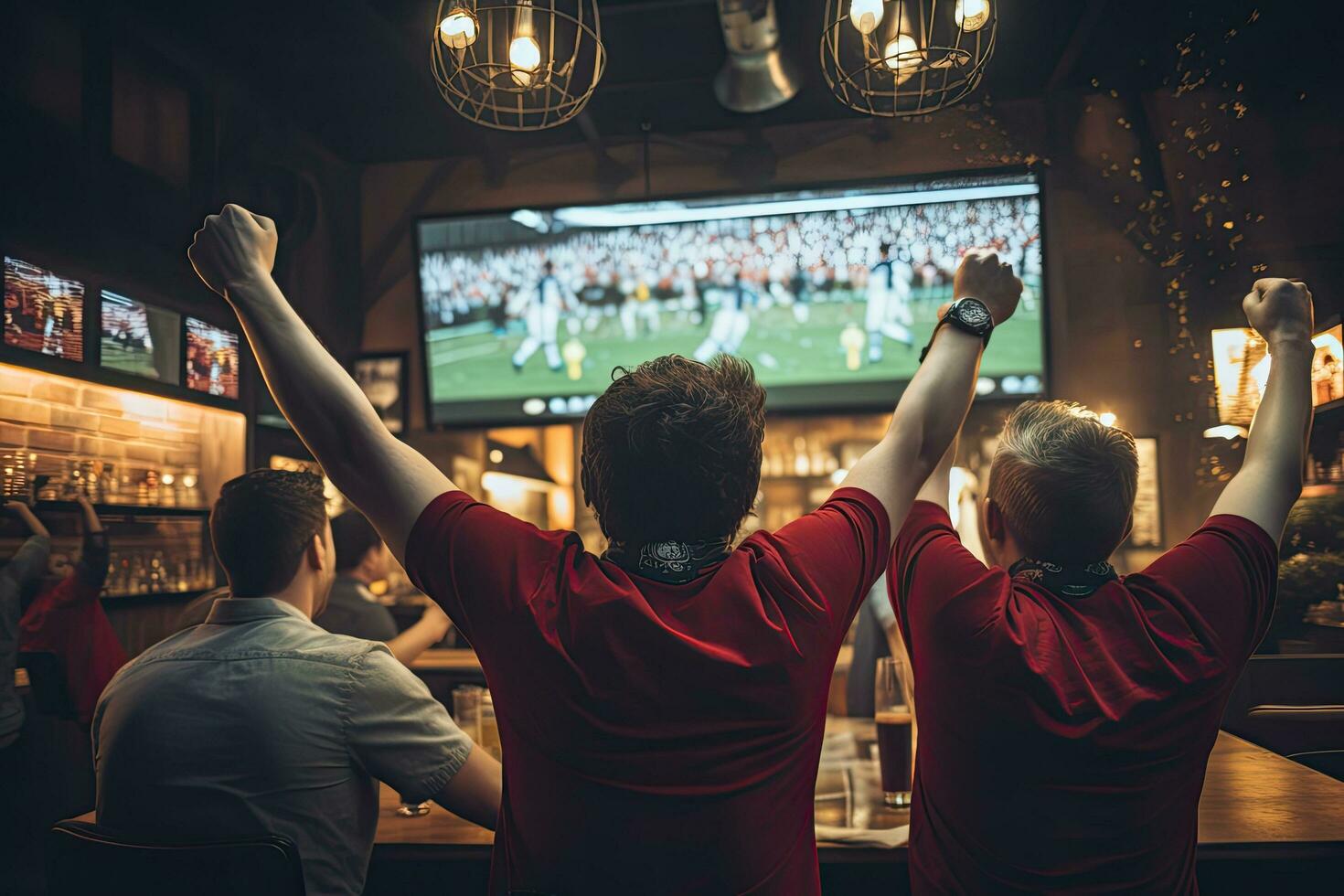 Rear view of football fans cheering with arms raised at bar counter, rear view Friends Watching Game In Sports Bar On Screens Celebrating, AI Generated photo