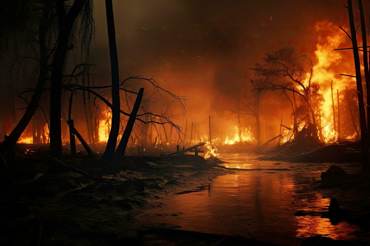Burning forest and river at night. Fire in the forest, Rain forest fire disaster is burning, AI Generated photo