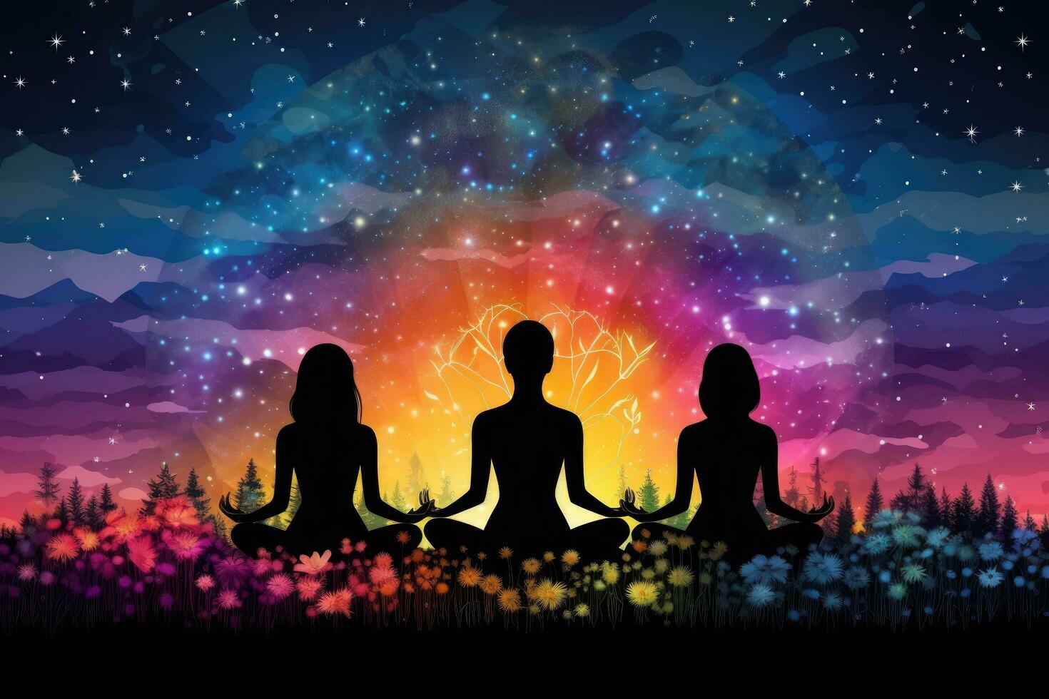 Silhouettes of yoga women in the lotus position against the starry sky, Rainbow silhouette of happy yoga girls. Contemporary art collage of young girl meditating, AI Generated photo