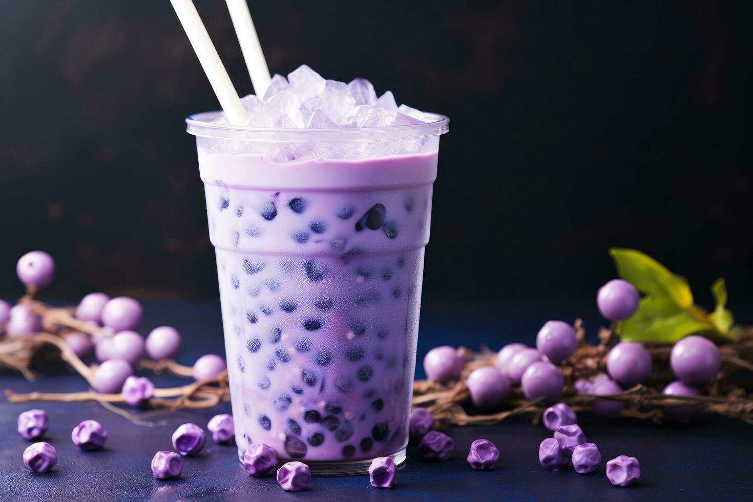 Blueberry milk tea or bubble tea in plastic glass on dark background, Purple taro bubble tea cold and refreshing drink, AI Generated photo