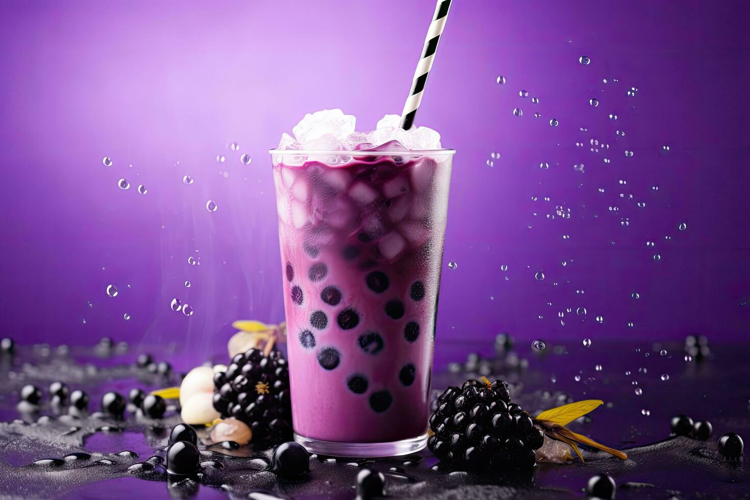 Blueberry milkshake with ice and blackberries on purple background, Purple taro bubble tea cold and refreshing drink, AI Generated photo