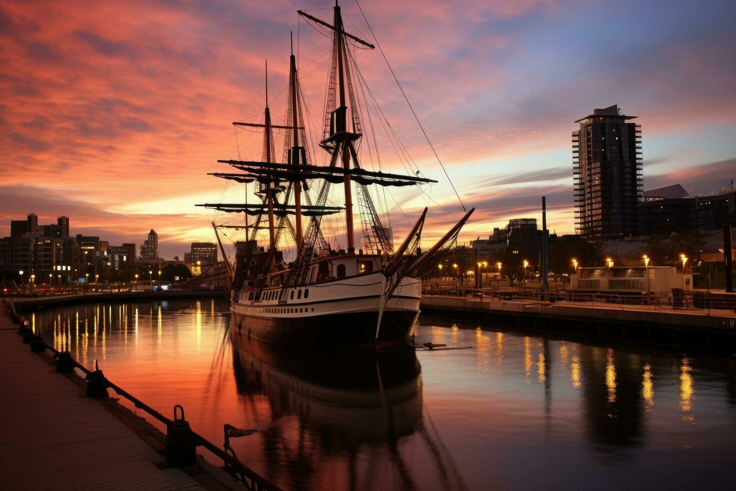 hermosa puesta de sol terminado el Puerto de rotterdam, Holanda, buenos aires, puerto Madero a noche, ai generado foto