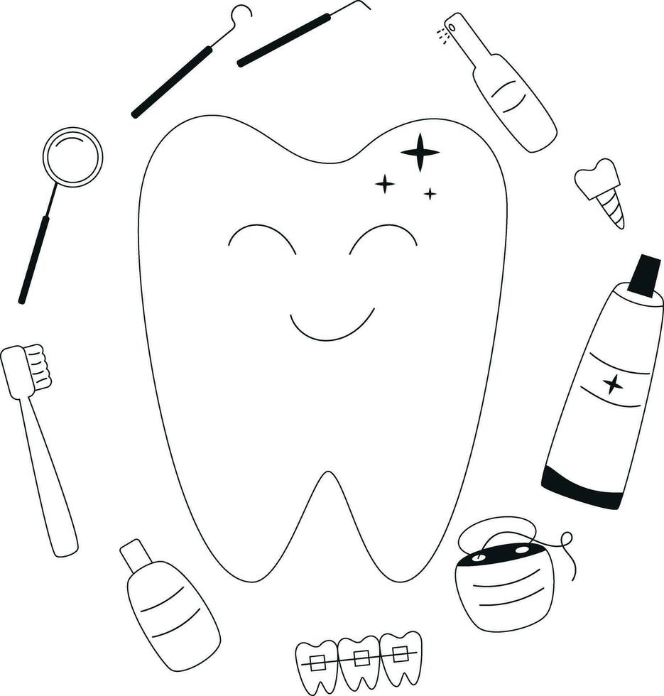 a tooth with a smile and other dental items vector