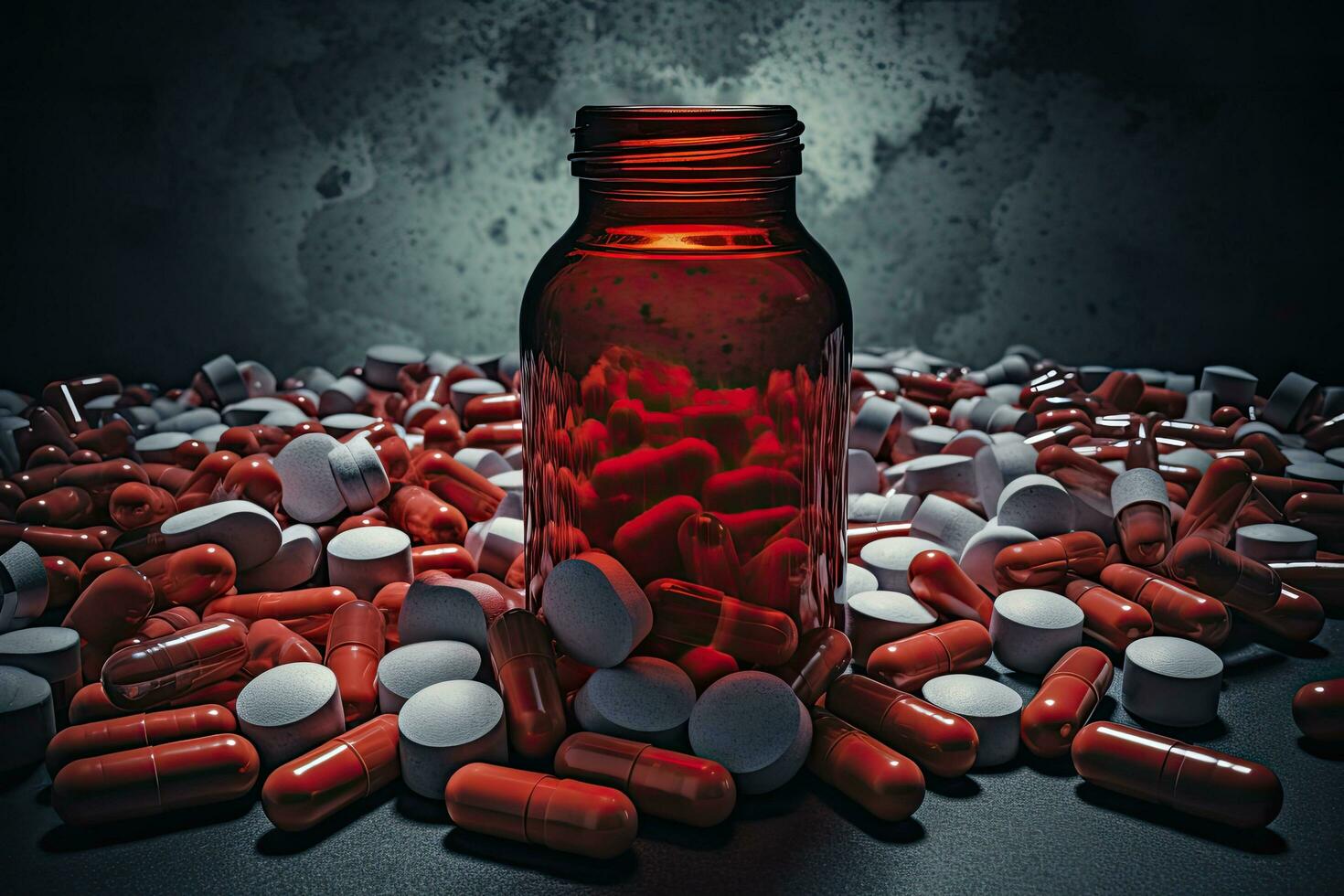 Pills spilling out of pill bottle on dark background 3D rendering, Prescription opioids with many bottles of pills in the background, AI Generated photo