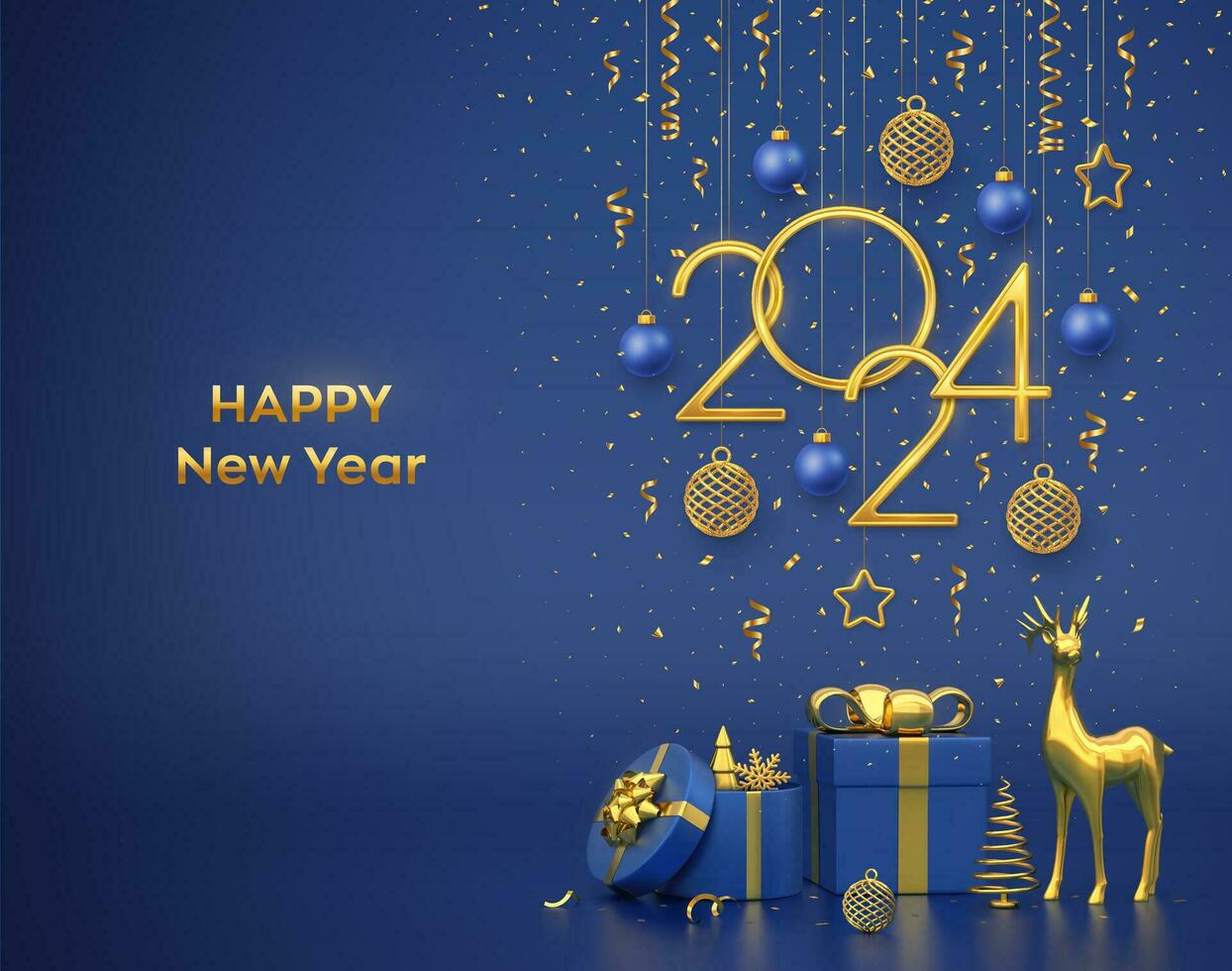 contento nuevo año 2024. colgando dorado metálico números 2024 con estrellas, pelotas y copo de nieve en azul antecedentes. oro ciervo, regalo cajas, metálico pino o abeto, cono forma abeto arboles vector ilustración.