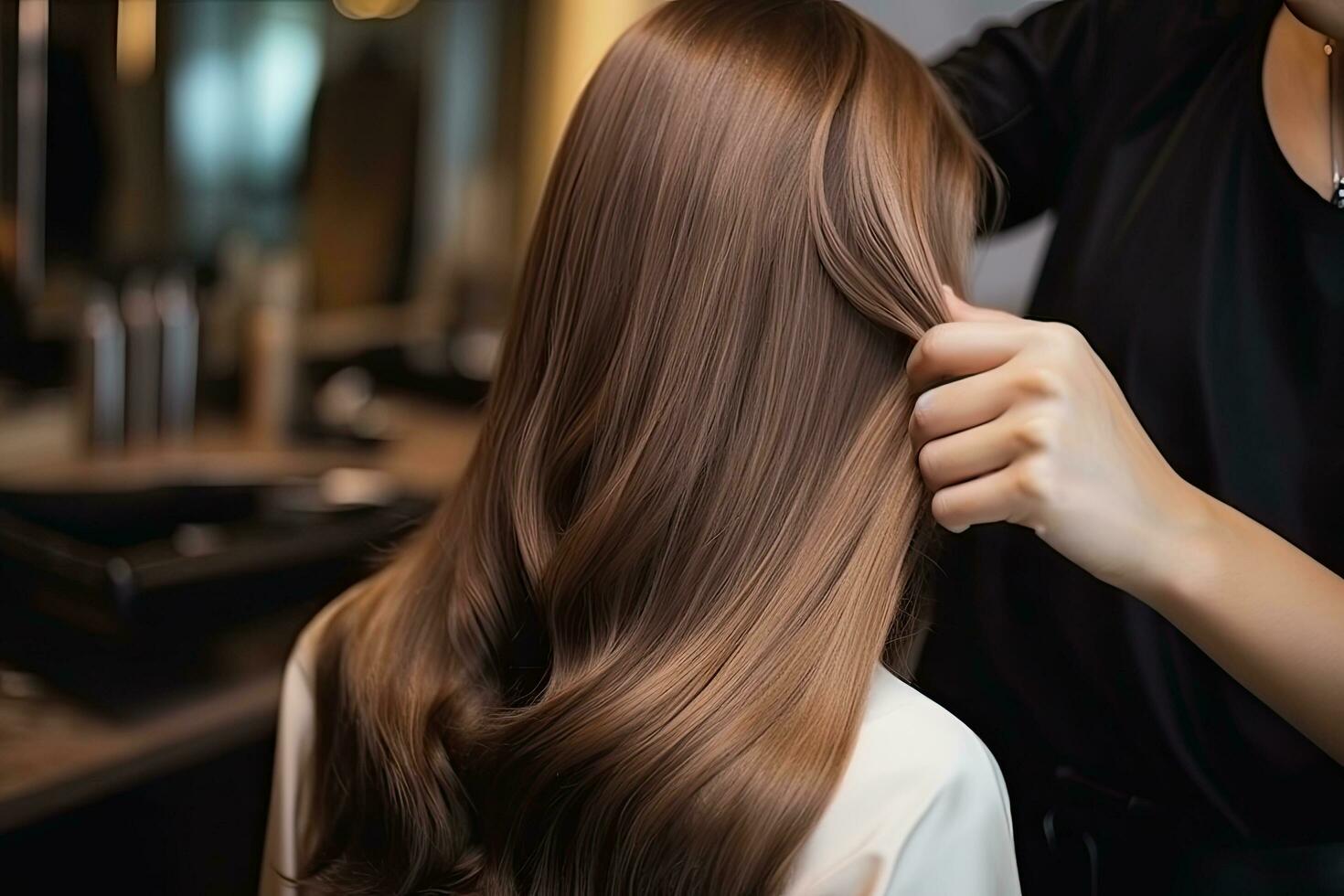 Professional hairdresser doing hair extensions in beauty salon, closeup, Professional hairdresser doing hairstyle for women in beauty salon, close up shot, AI Generated photo