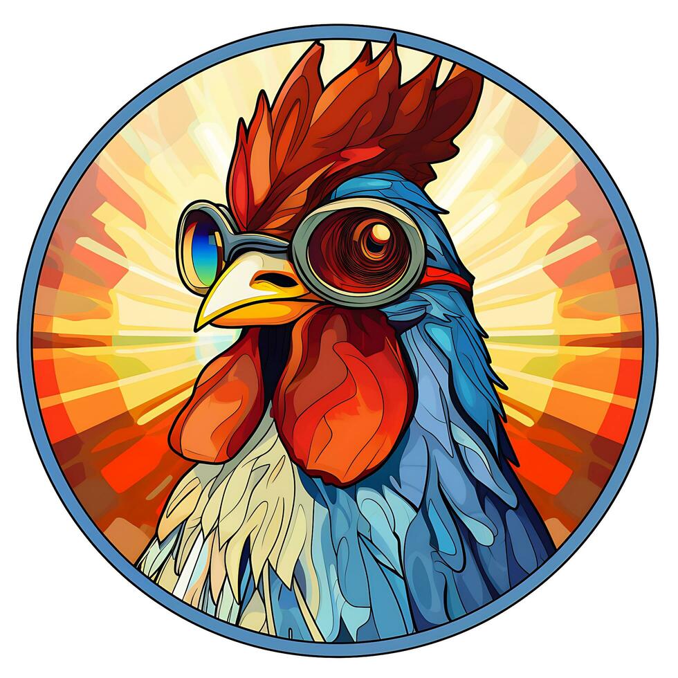 A Funny Chicken in a Stained Glass Circle Shape Window Design photo