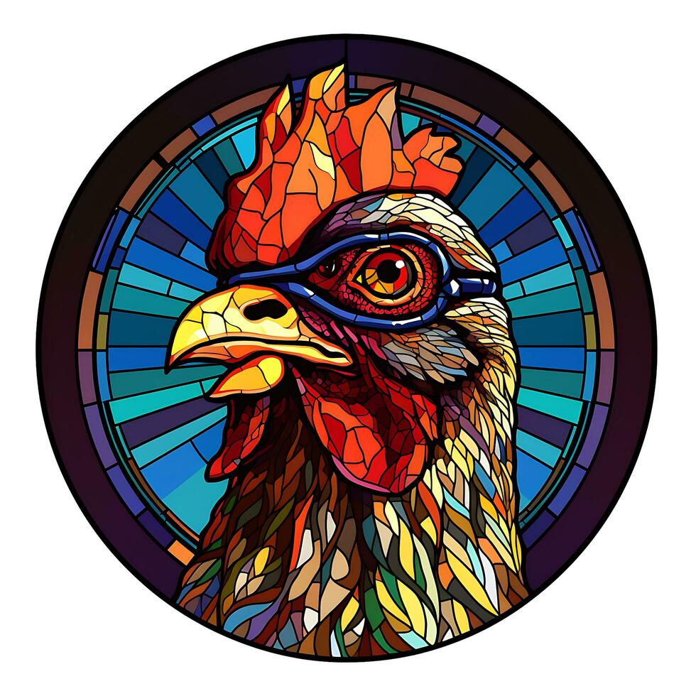A Funny Chicken in a Stained Glass Circle Shape Window Design photo