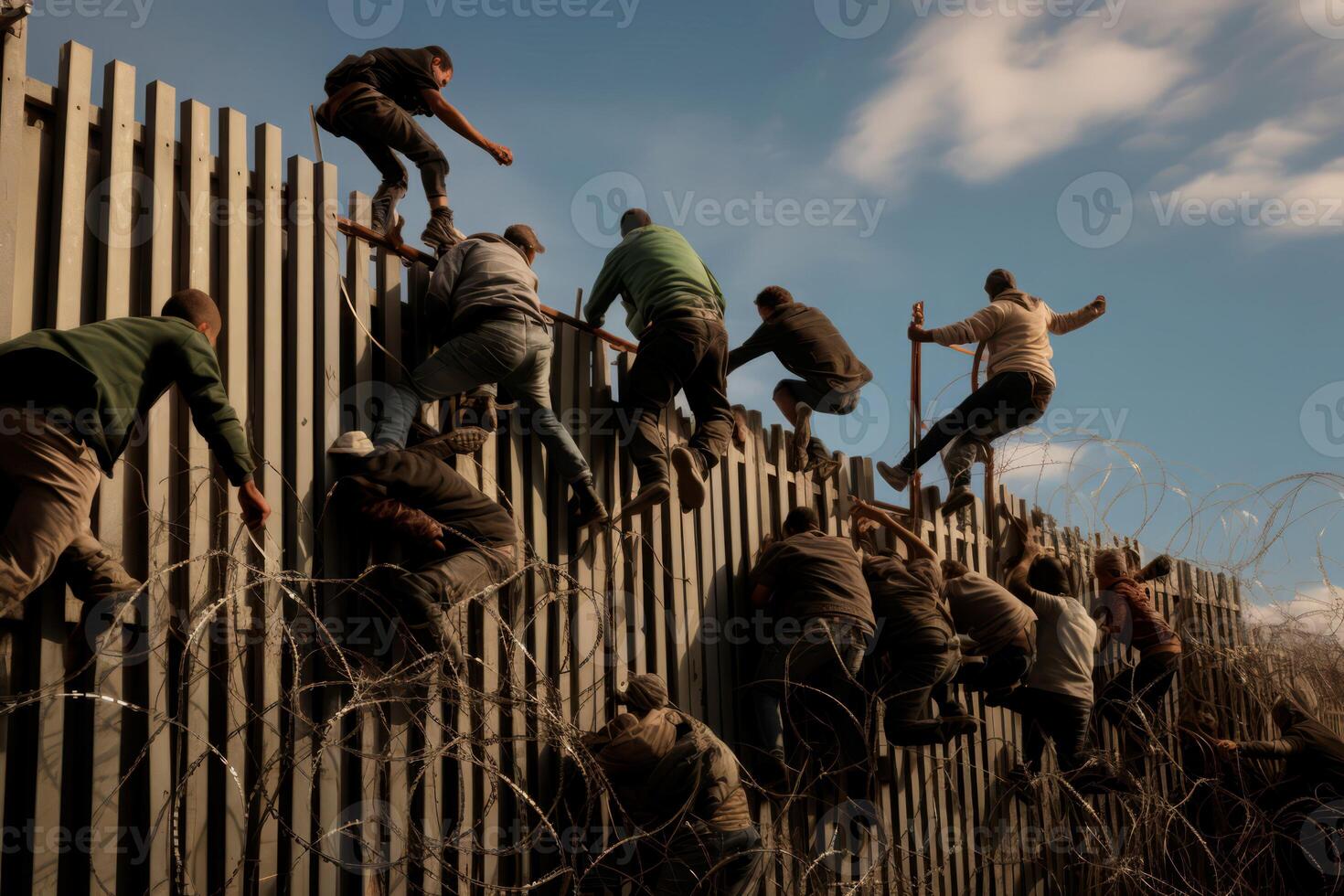 Migrants climb over border fence traffic. Generate Ai photo