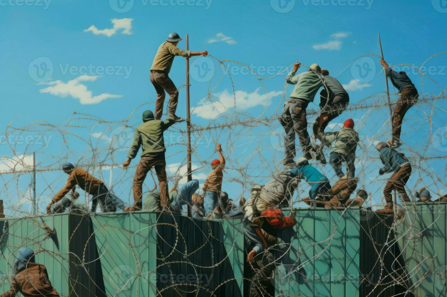 Migrants climb over border fence on cargo container. Generate Ai photo