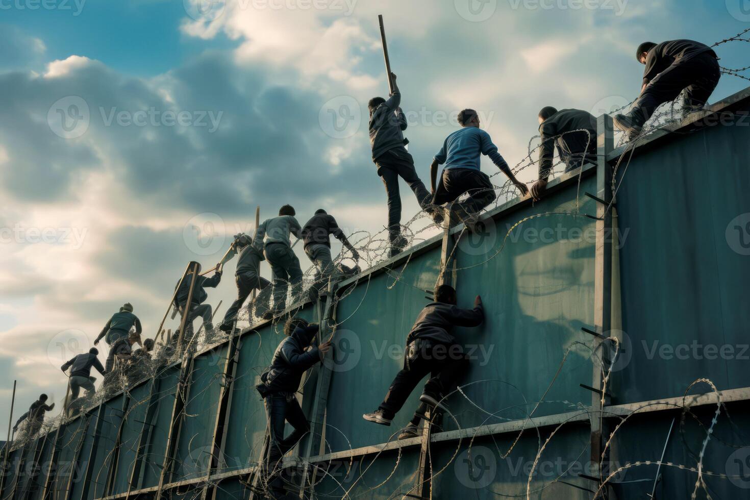Migrants climb over border fence. Generate Ai photo